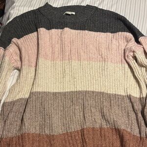 American Eagle Outfitters Striped Crew Neck Sweater - Gray, Pink, Cream, Brown